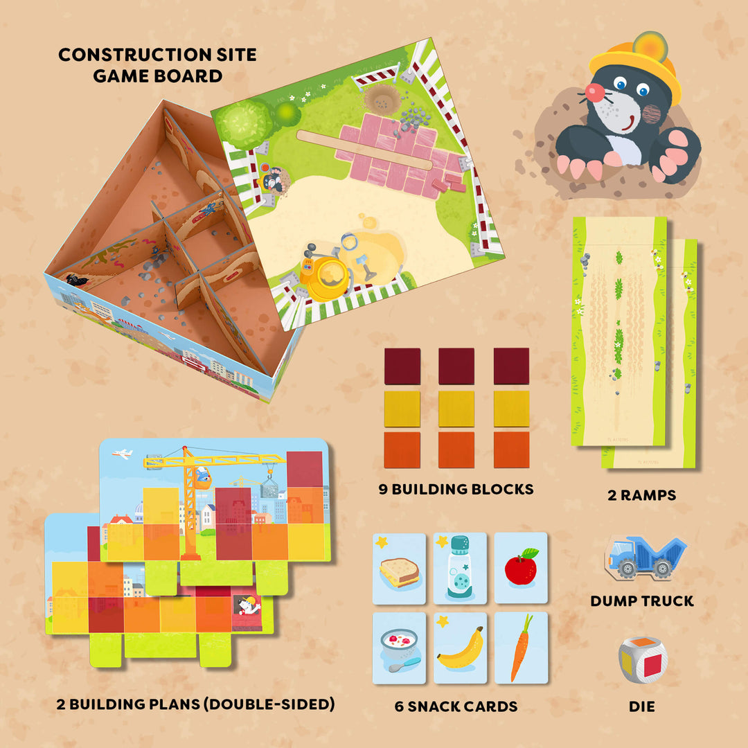 My Very First Games - Block by Block components including game board , building plans, snack cards, ramps, 9 building blocks, dump truck and die.