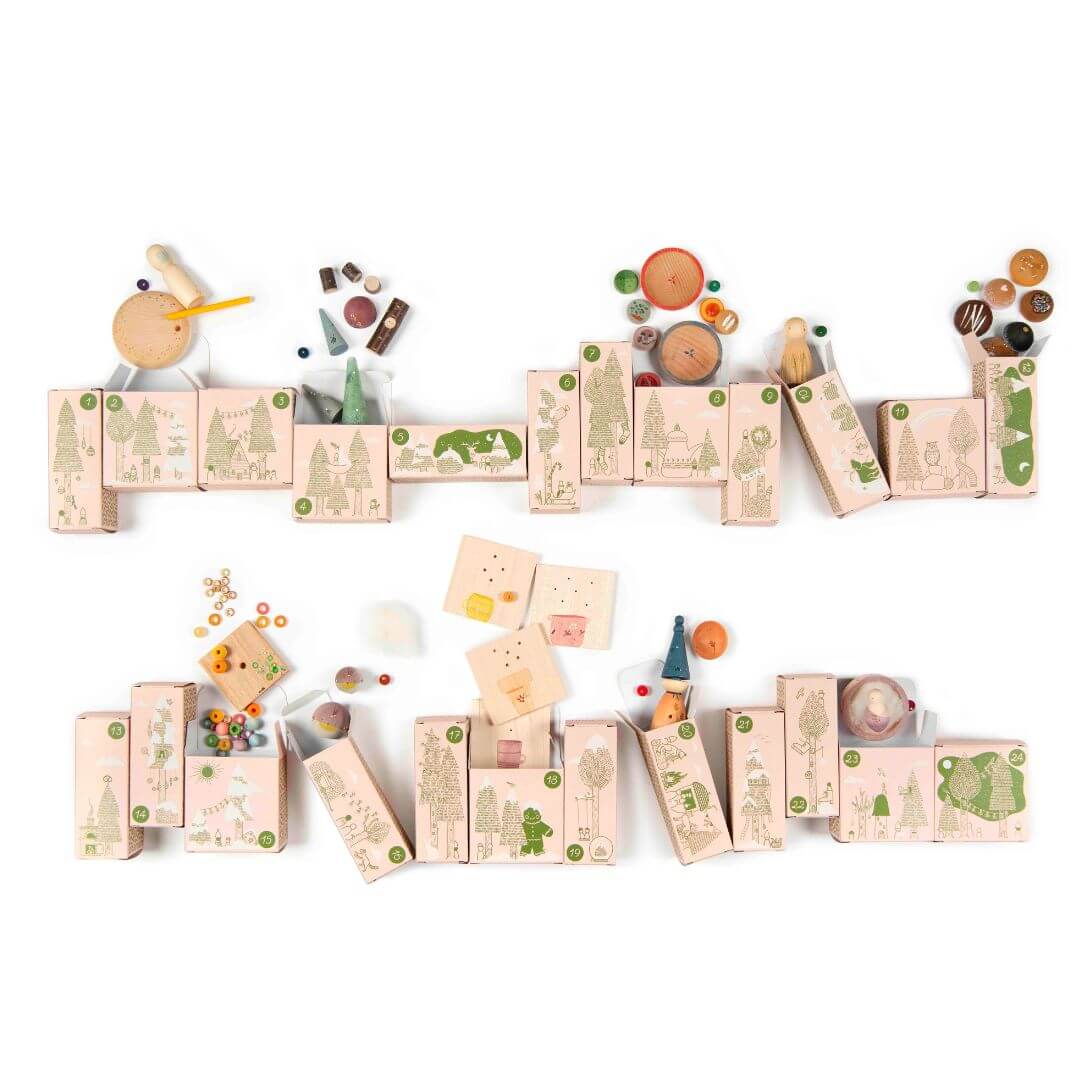 Open Grapat 2025 Advent Calendar boxes revealing over 180 wooden, fabric, and wool treasures for open-ended play – Bella Luna Toys.