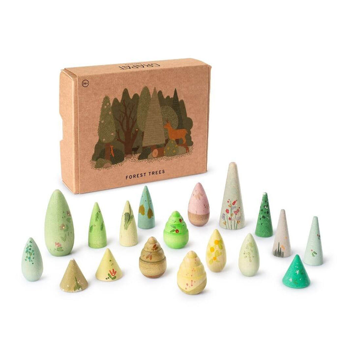 Grapat Forest Trees set with 18 hand-painted wooden trees in earthy tones and original storage box - Bella Luna Toys