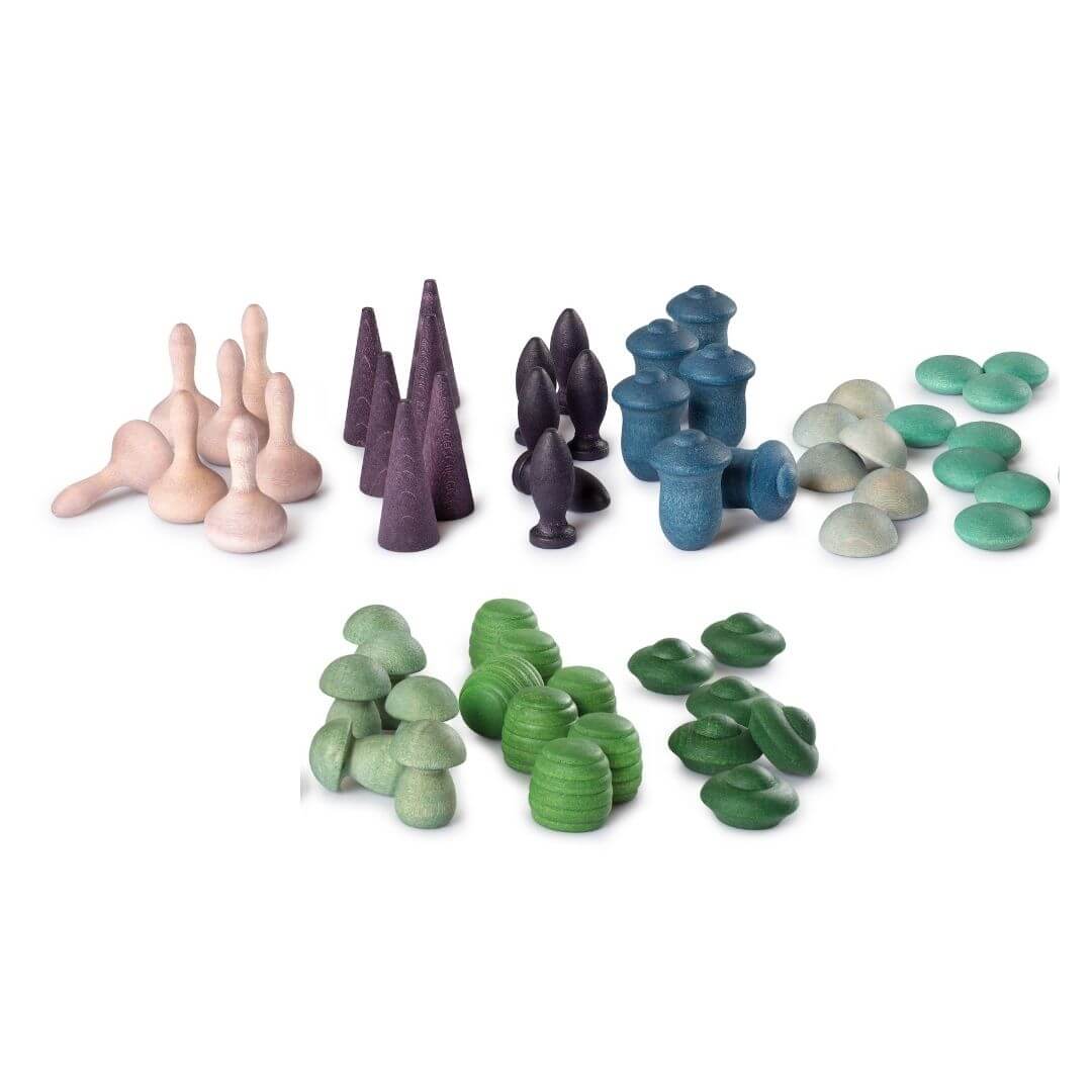 Grapat Mandala Mix Cold set with 81 hand-painted wooden mandala pieces in blue, green, and purple tones arranged by shape and color with a white background - Bella Luna Toys