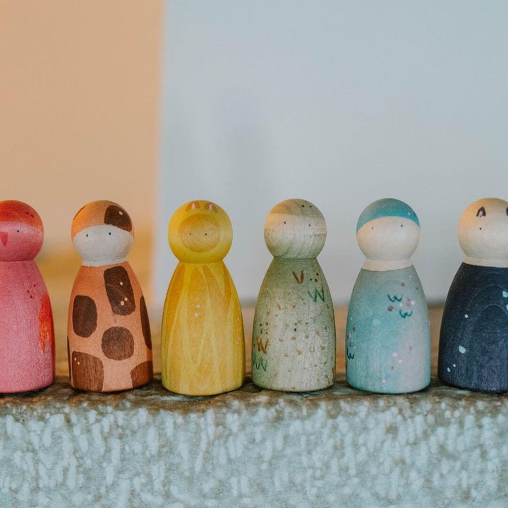 Grapat - Close up of six hand-painted Grapat wooden Nins dressed as animals - Grapat Animal Crew - Bella Luna Toys