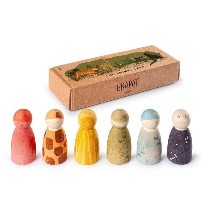 Grapat - Six hand-painted Grapat wooden Nins dressed as animals with Grapat storage box behind them - Bella Luna Toys