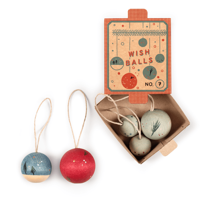 Grapat Wish Balls Wooden Ornaments with hanging thread, displayed with an illustrated keepsake box and nestled inside a kraft gift box – Bella Luna Toys.