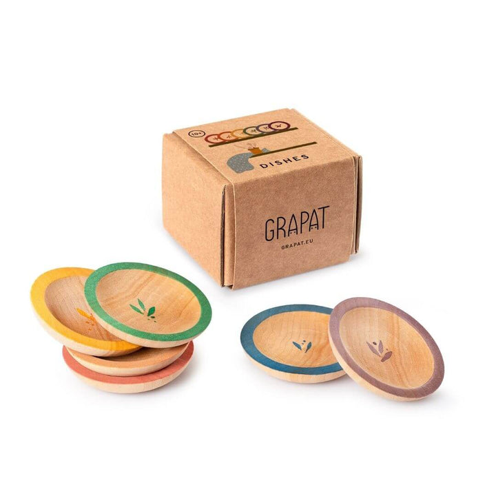 Grapat wooden dishes set with 6 hand-painted wooden plates featuring colored rims displayed with branded box packaging- Bella Luna Toys