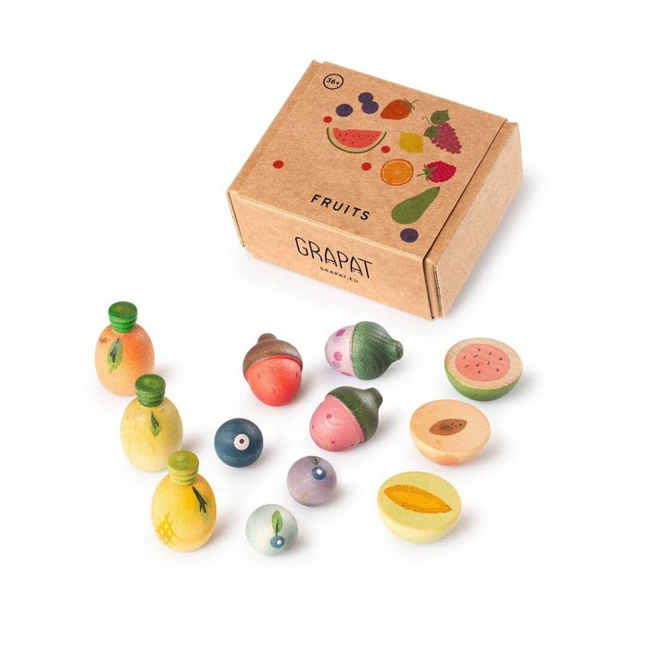 Grapat wooden fruits set with 12 hand-painted wooden fruit pieces in assorted shapes and soft natural colors displayed with illustrated fruit box packaging - Bella Luna Toys
