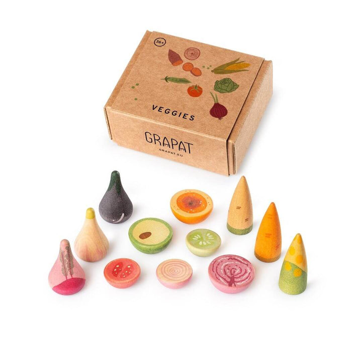 Grapat - Grapat wooden vegetable play set with 12 hand-painted wooden veggies in assorted shapes and natural colors displayed with illustrated box packaging - Bella Luna Toys