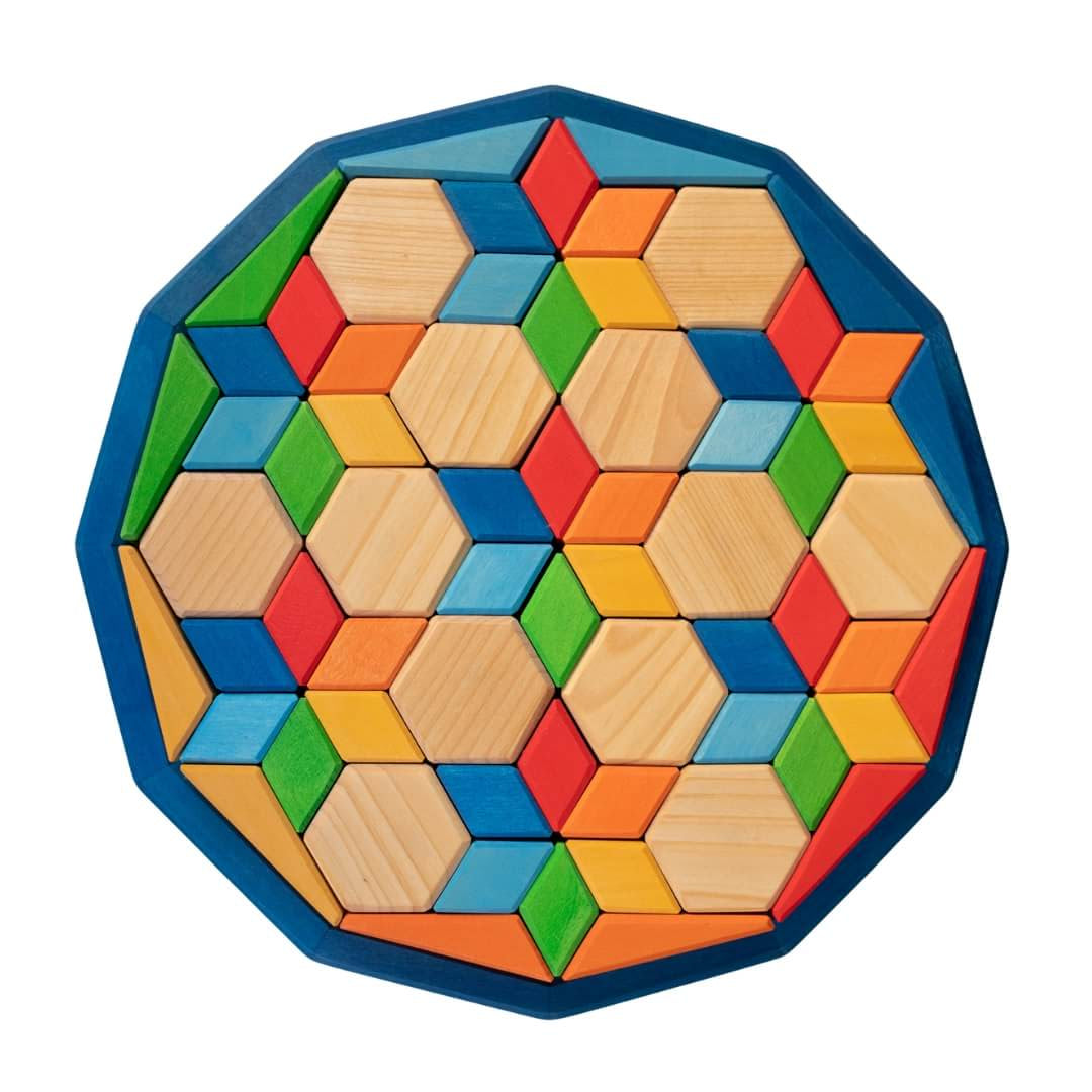 Colorful geometric wooden puzzle on a white background. Grimm's Wooden Toys x Bella Luna Toys