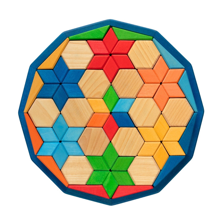 Colorful geometric wooden puzzle on a white background. Grimm's Wooden Toys x Bella Luna Toys