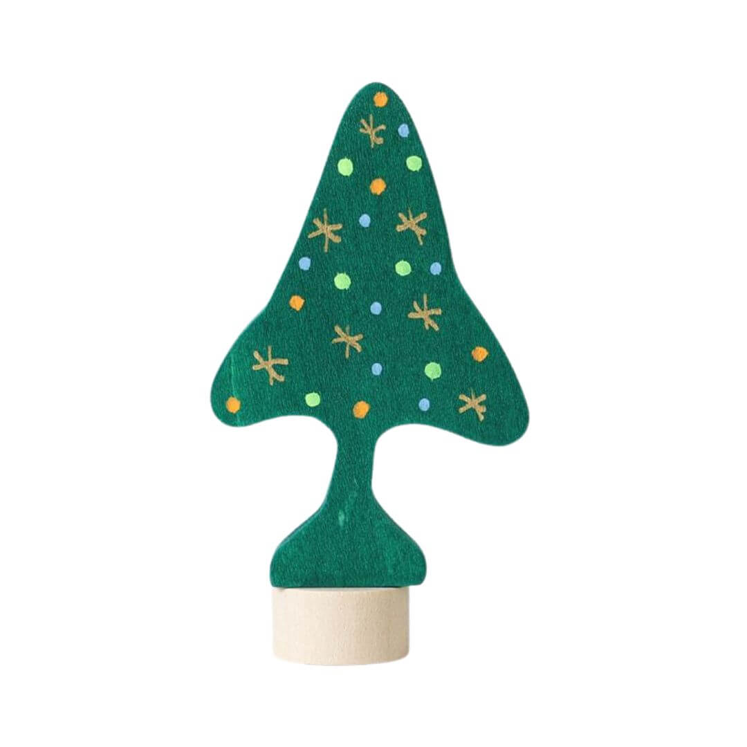 Green wooden Christmas tree decoration with colorful decorations on a white background. Grimm's Wooden Toys