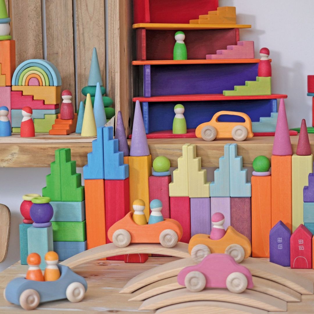 Grimms- Large Orange Convertible- Wooden Toys-Room full of colorful wooden toys- Bella Luna Toys