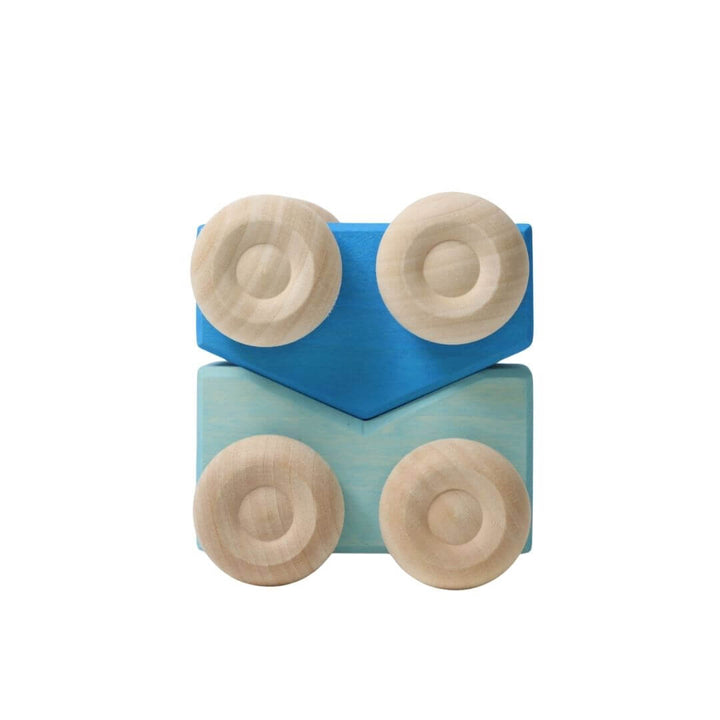 The sky blue and cornflower blue colorful wooden stacking cars by Grimm’s, handcrafted in assorted rainbow hues for open-ended play and building fun - Bella Luna Toys