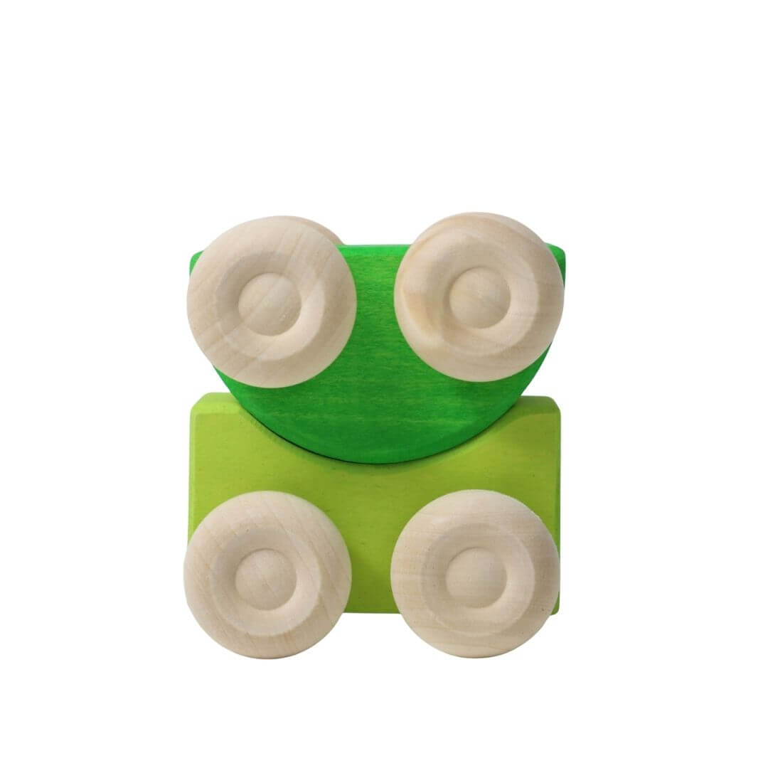The lime green and kelly green colorful wooden stacking cars by Grimm’s, handcrafted in assorted rainbow hues for open-ended play and building fun - Bella Luna Toys