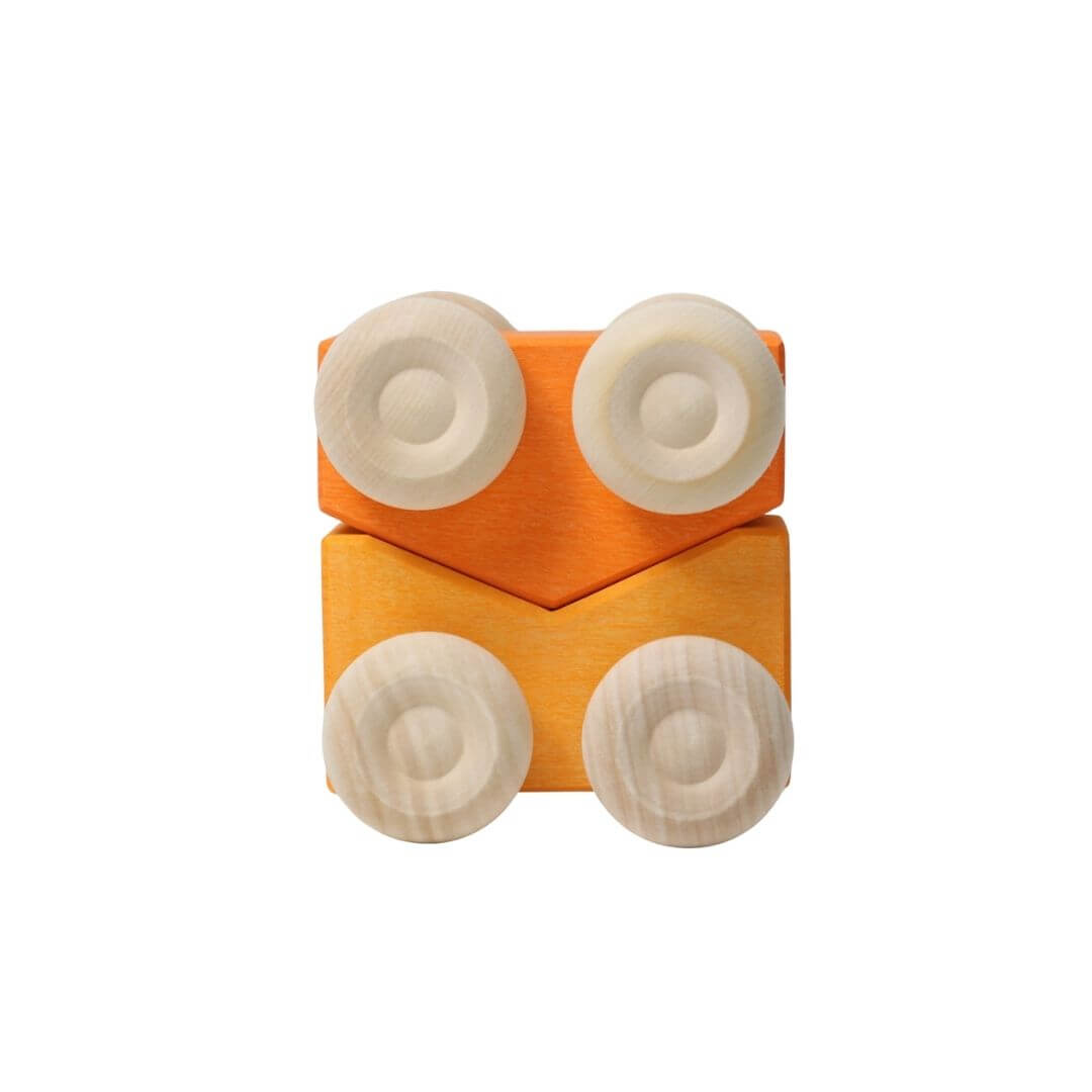 The golden yellow and orange colorful wooden stacking cars by Grimm’s, handcrafted in assorted rainbow hues for open-ended play and building fun - Bella Luna Toys