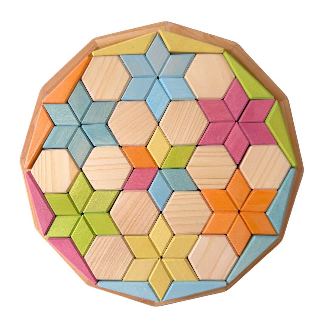 A geometric wooden puzzle from Grimm's featuring hexagons and star shapes.