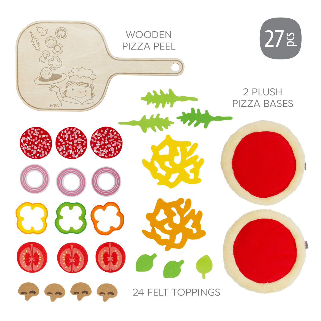 Children's pizza-making set with wooden pizza peel, plush pizza bases, and felt toppings on a white background.