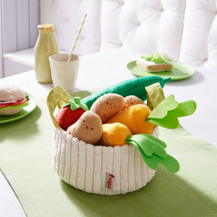 HABA Vegetable Basket soft play food- Imaginative play-Soft toy food and vegetables in play bowl on table- Bella Luna Toys