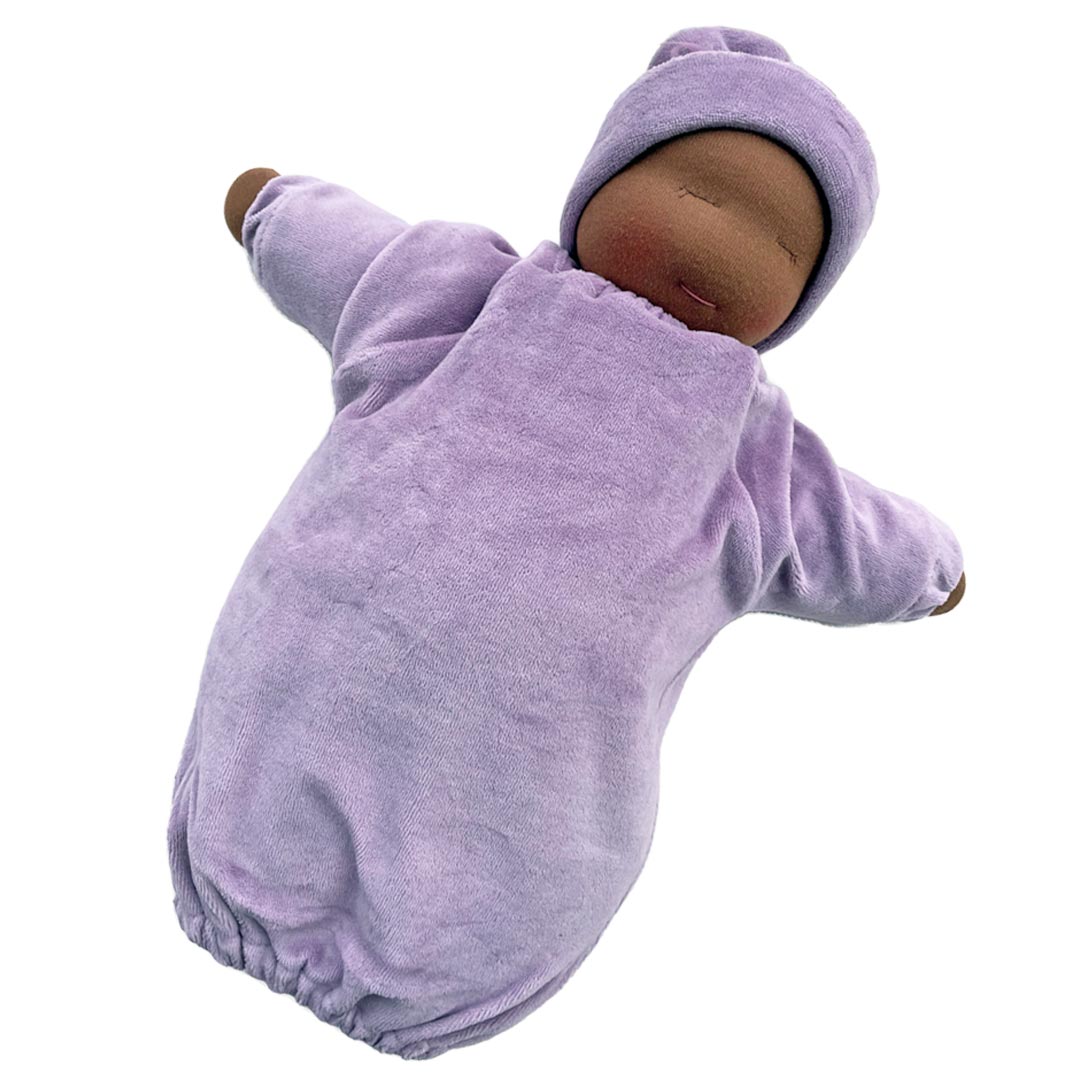 Heavy Baby Weight Waldorf Doll with lilac bunting and dark skin tone