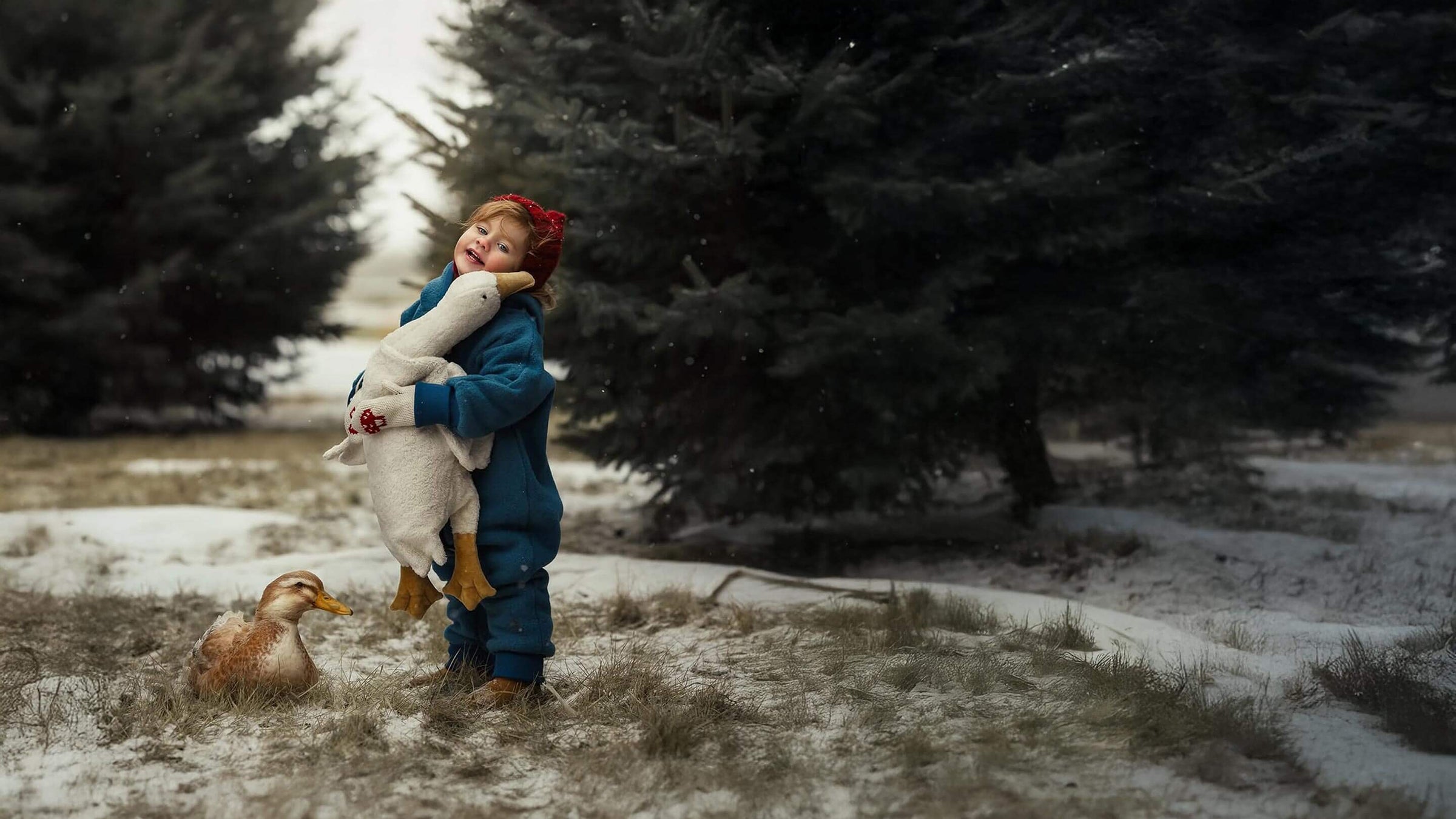 A girl is outside in the snow with a white Senger goose.