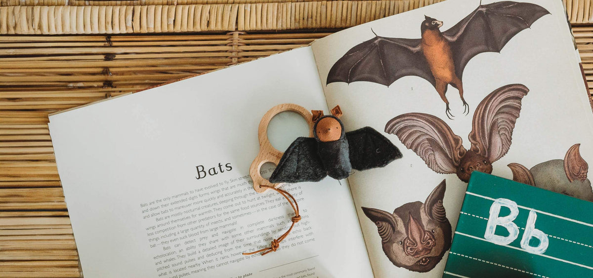 A bat-shaped wooden and felt bookmark with a looped string lies on an open children's book about bats, placed on a woven bamboo mat.