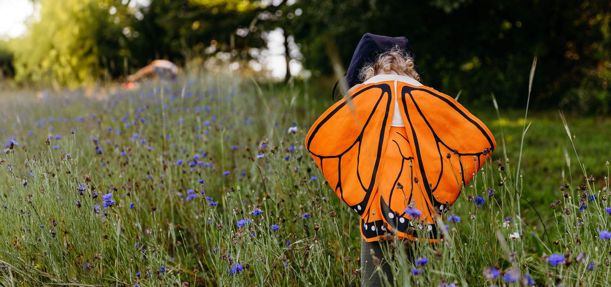 A child seen from behind wearing a bright orange and black butterfly wing costume in a grassy field with small purple flowers and trees in the background.