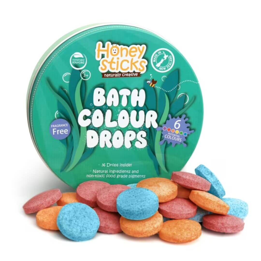 Honeysticks Ultimate Bath Fun Set with natural bath crayons and color drops in reusable aluminum canisters – creative, non-toxic bathtime play – Bella Luna Toys.