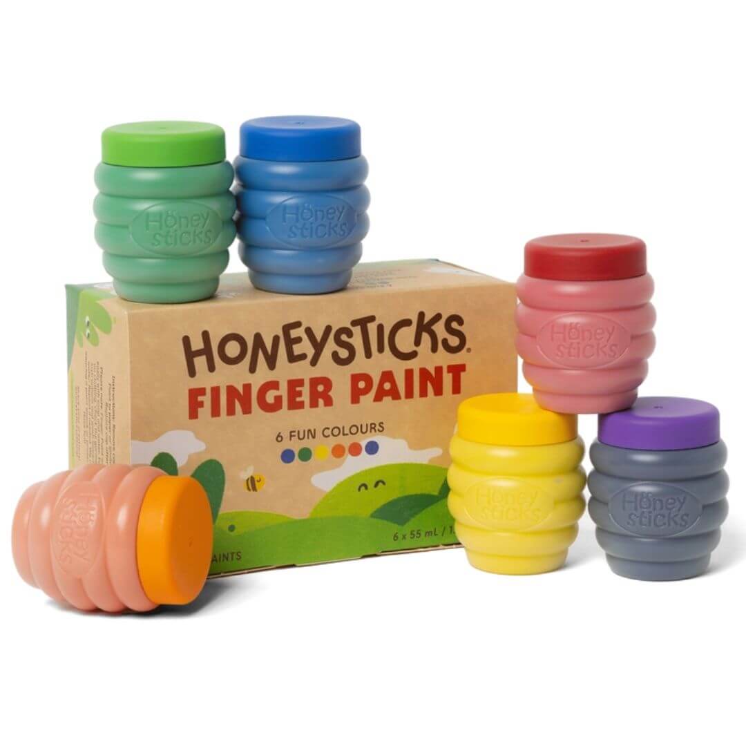 Honeysticks Finger Paint Set with six colorful, non-toxic paints in recycled plastic bottles – safe, washable art for toddlers – Bella Luna Toys.