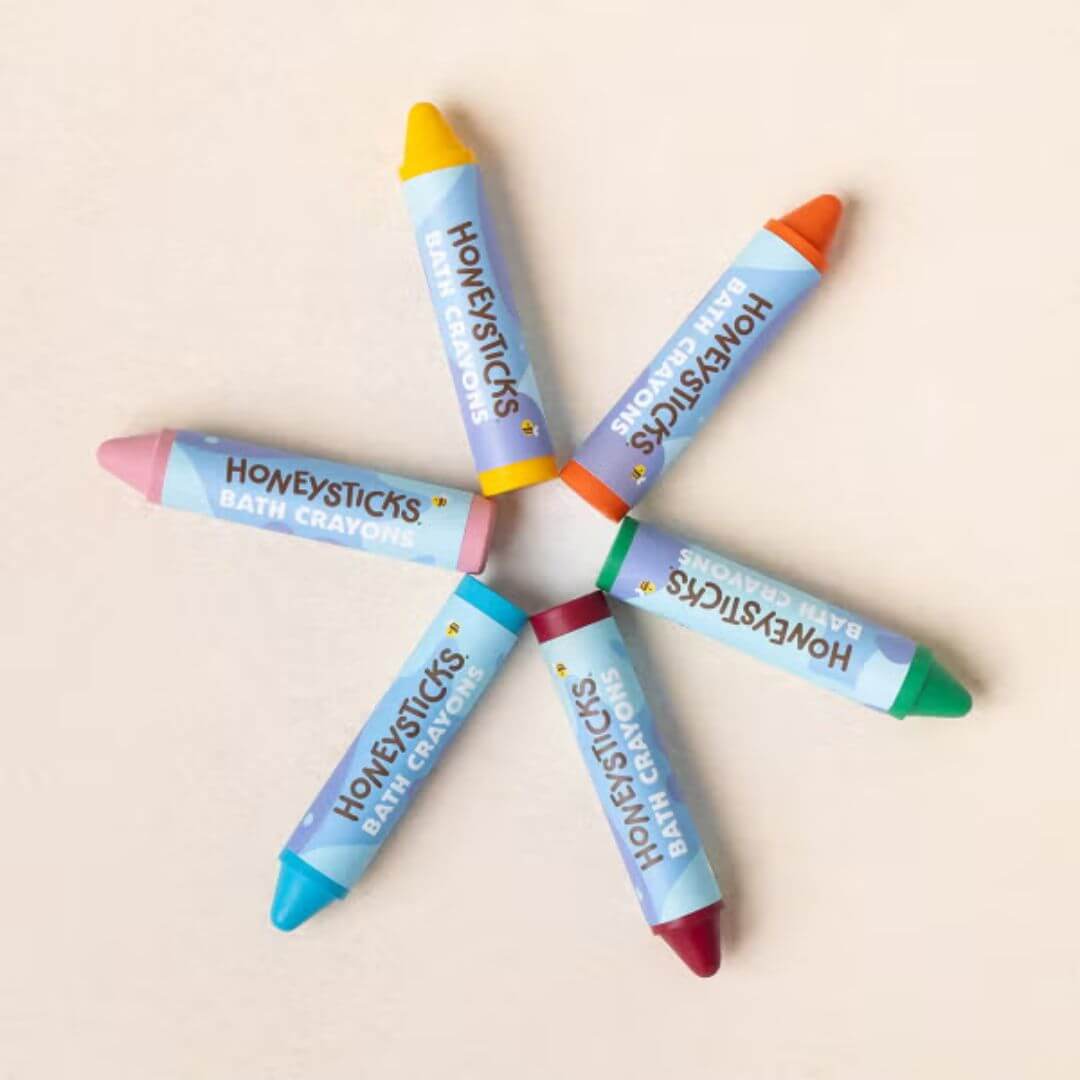 Honeysticks Bath Crayons Super Jumbos 6-pack made from natural beeswax and soy wax in reusable canister – creative, non-toxic bath play – Bella Luna Toys.