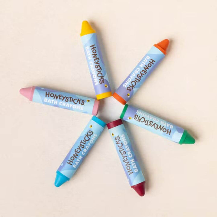Honeysticks Bath Crayons Super Jumbos 6-pack made from natural beeswax and soy wax in reusable canister – creative, non-toxic bath play – Bella Luna Toys.