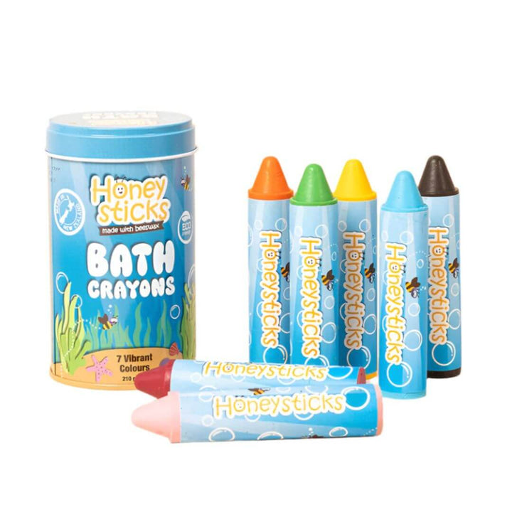 Honeysticks bath crayons with a blue container on a white background