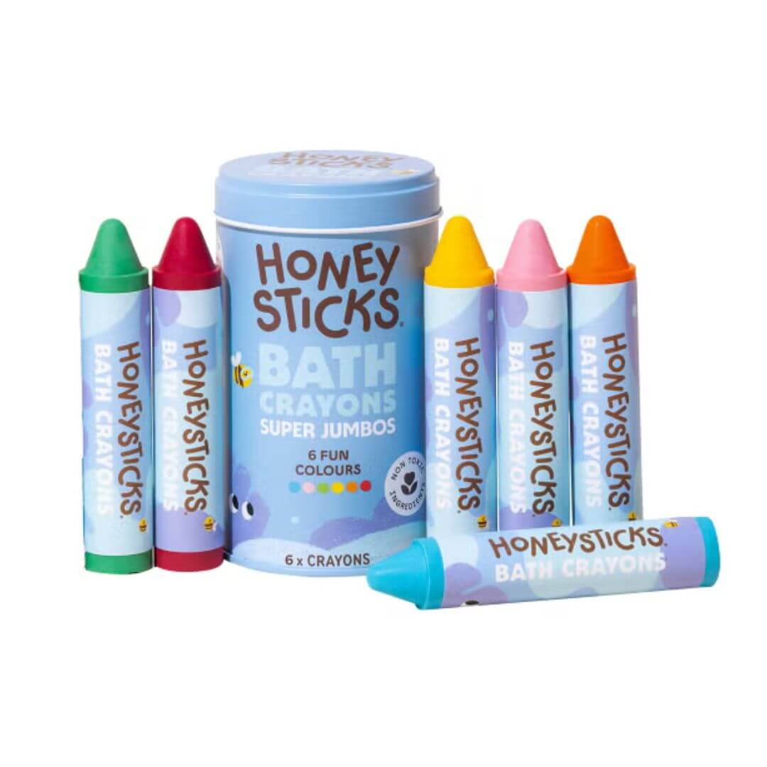 Honeysticks Bath Crayons Super Jumbos 6-pack made from natural beeswax and soy wax in reusable canister – creative, non-toxic bath play – Bella Luna Toys.