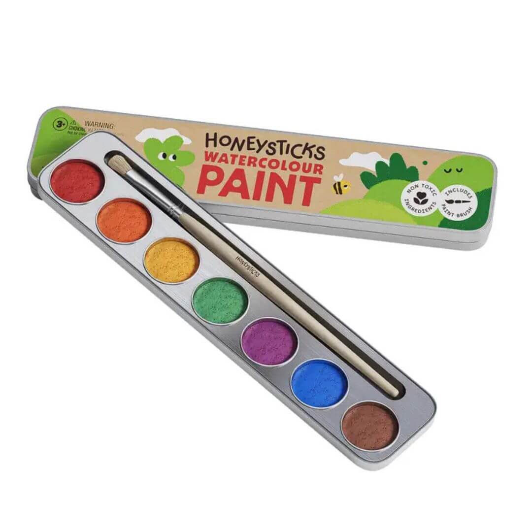 Honeysticks Watercolor Paint Set with 7 vibrant colors and wooden-handled vegan brush in recyclable metal tin – Bella Luna Toys. 