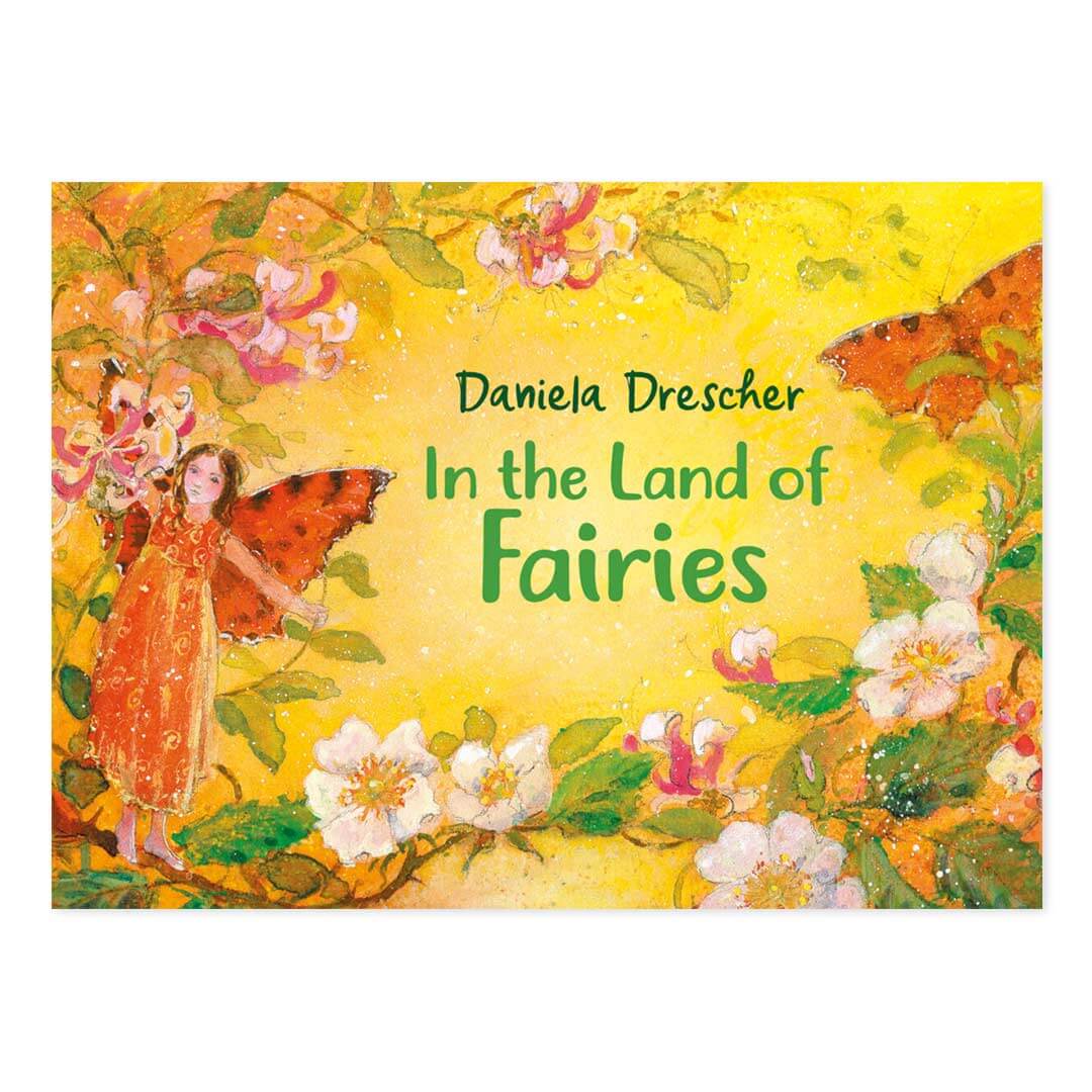 In the Land of Fairies book cover with a fairy in an orange dress with butterfly wings amongst flowers