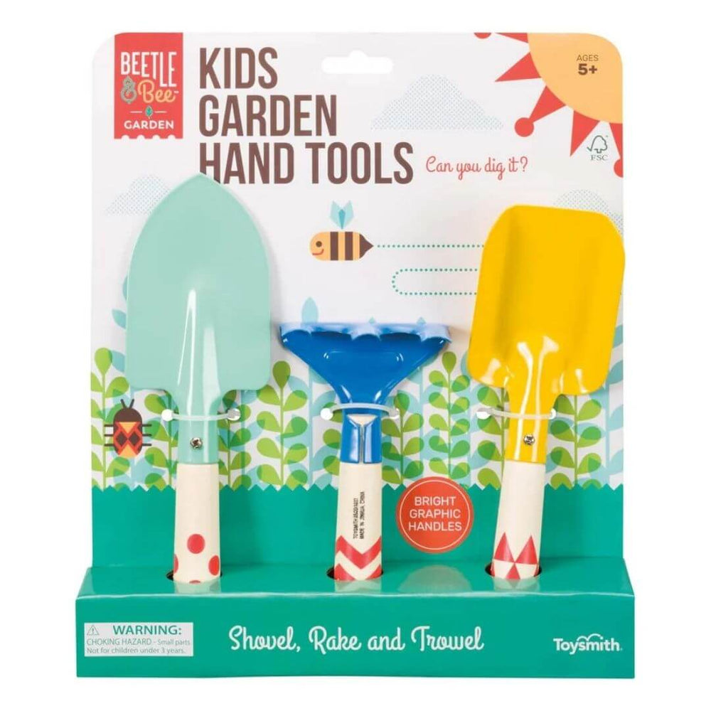 Three child-sized garden hand tools including a trowel, rake, and shovel with hardwood handles and colorful metal heads in the package.