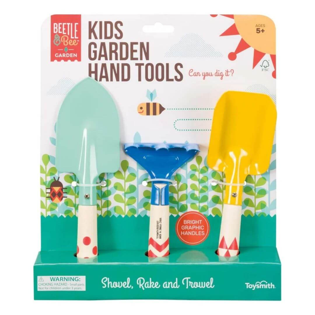 Three child-sized garden hand tools including a trowel, rake, and shovel with hardwood handles and colorful metal heads in the package.