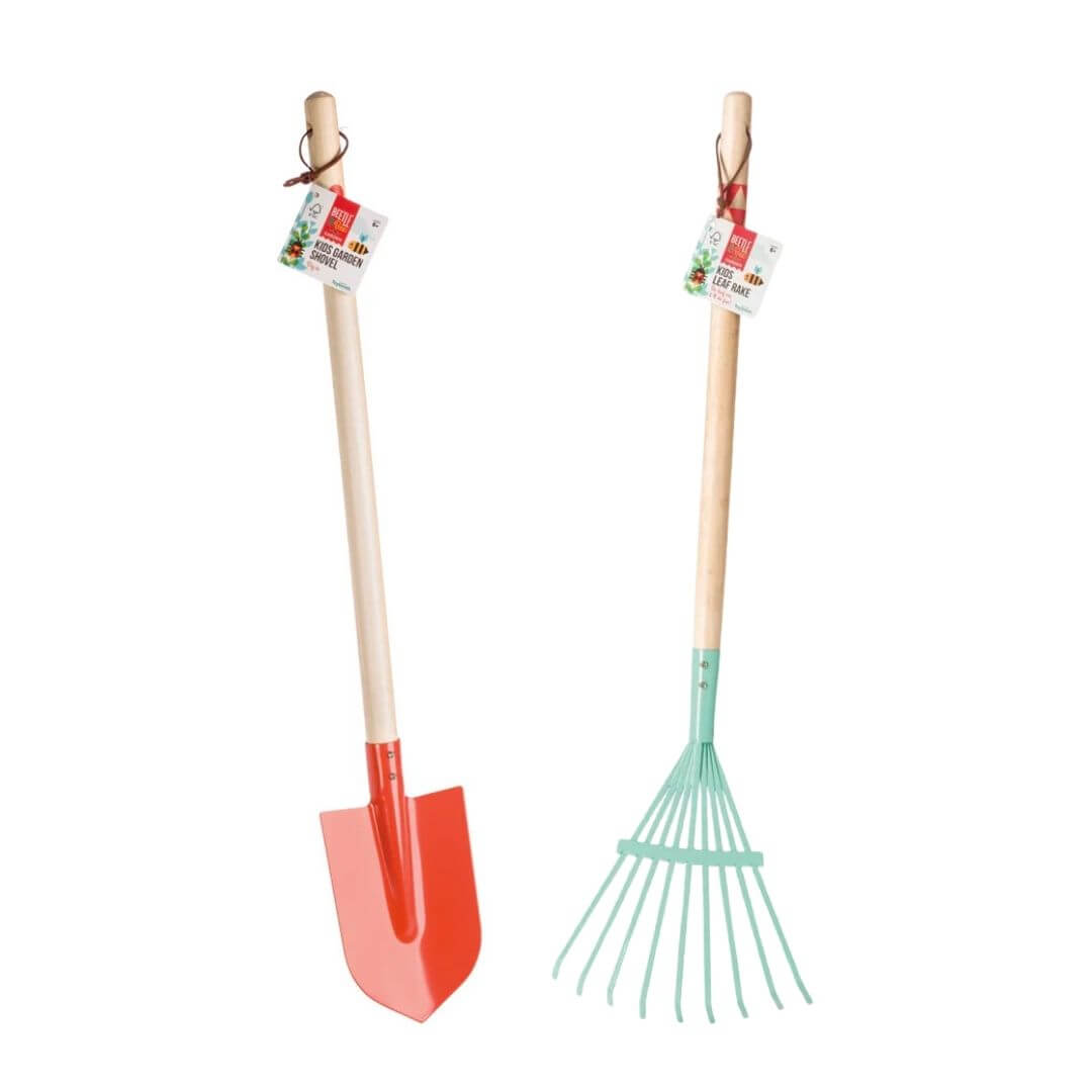 Beetle & Bee kids garden tool set featuring a child-sized metal shovel and rake with wooden handles