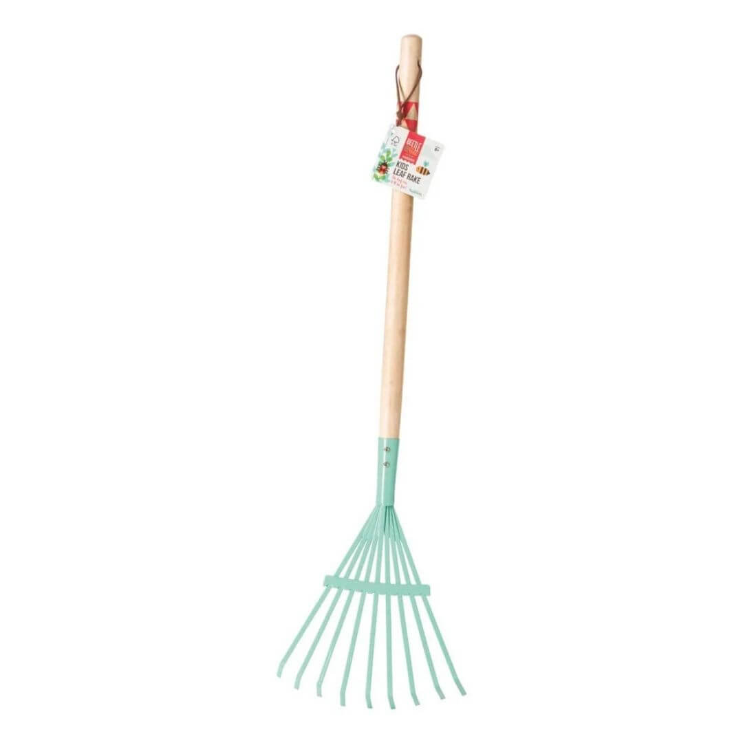 Child-sized leaf rake with a hardwood handle and metal tines, designed for real garden work and hands-on outdoor learning for kids.