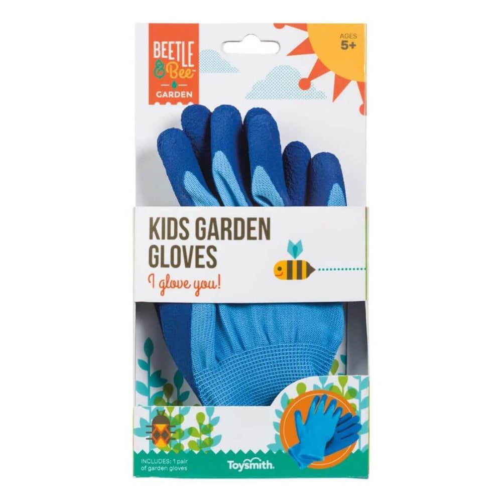 Pair of blue kids gardening gloves with protective palms for digging and planting in the Beetle & Bee Packaging