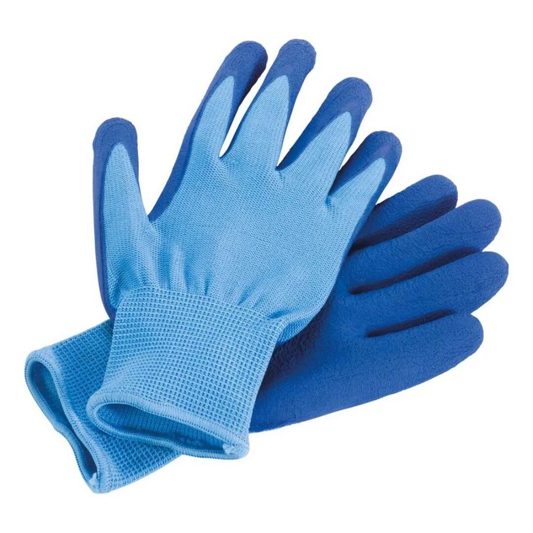 Pair of blue kids gardening gloves with protective palms for digging and planting.
