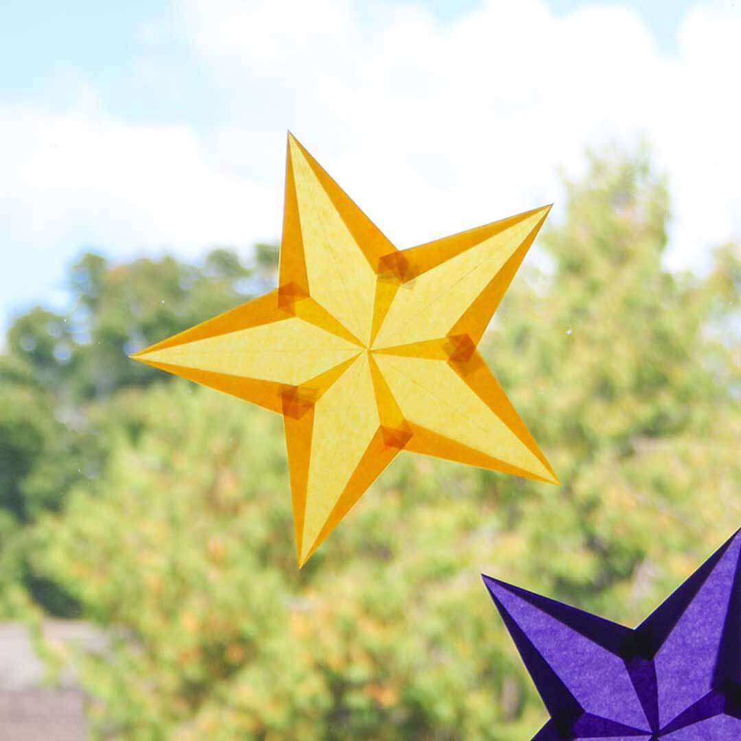 Yellow star-shaped object with a blurred green outdoor background