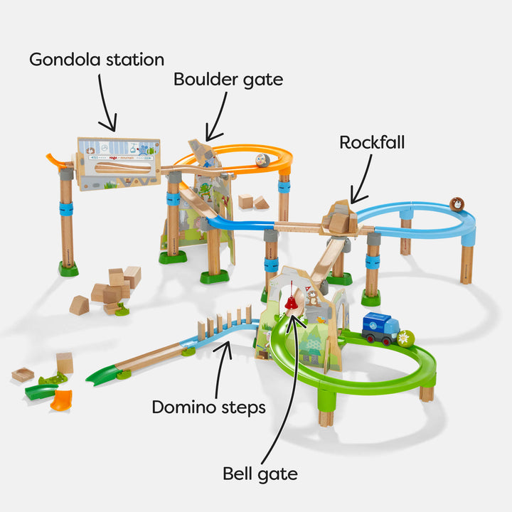 Kullerbu Mountain Adventure Track Set includes gondola station, a boulder gate, a rockfall, a bell gate, domino steps, 3 wooden balls, and a blue truck