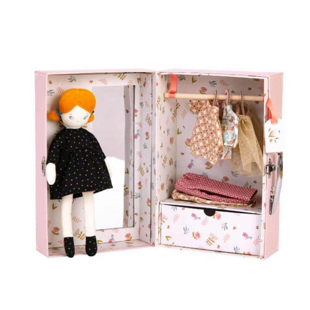 Moulin Roty - Soft doll with red hair in a pink wardrobe with extra dress up clothes - Bella Luna Toys