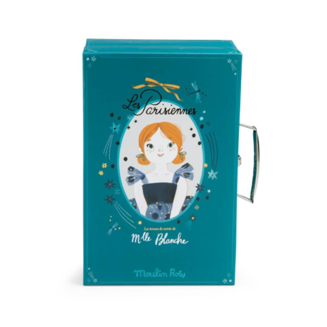 A teal colored wardrobe case featuring a drawing of the doll inside.