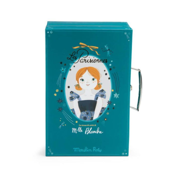 A teal colored wardrobe case featuring a drawing of the doll inside.