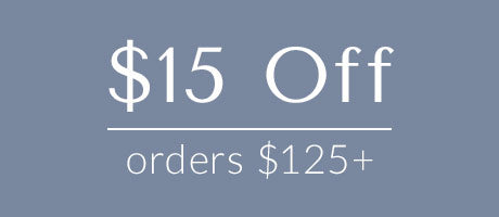 Promotional text indicating $15 off for orders over $125 on a blue background