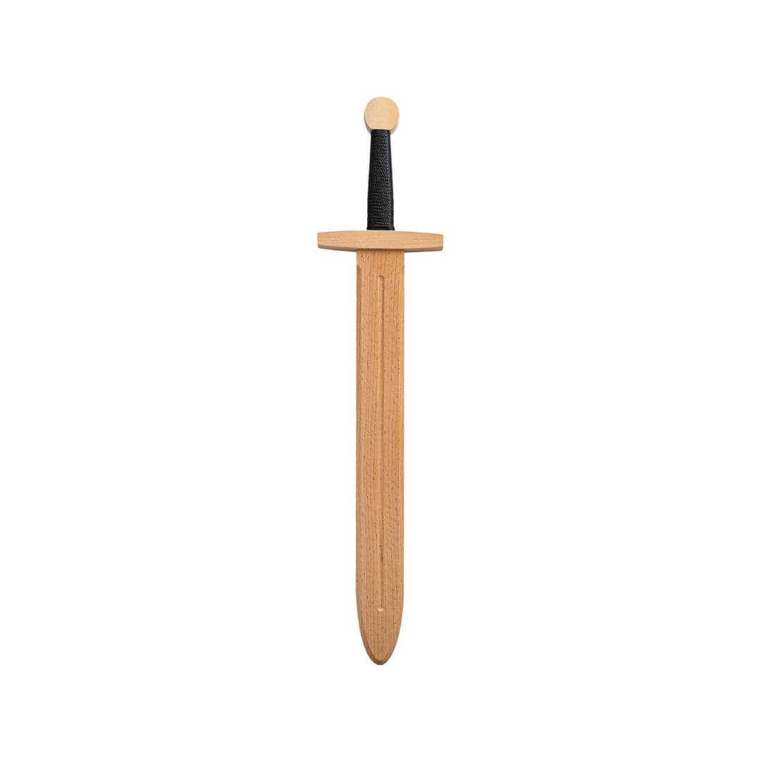Wooden sword with a black handle on a white background