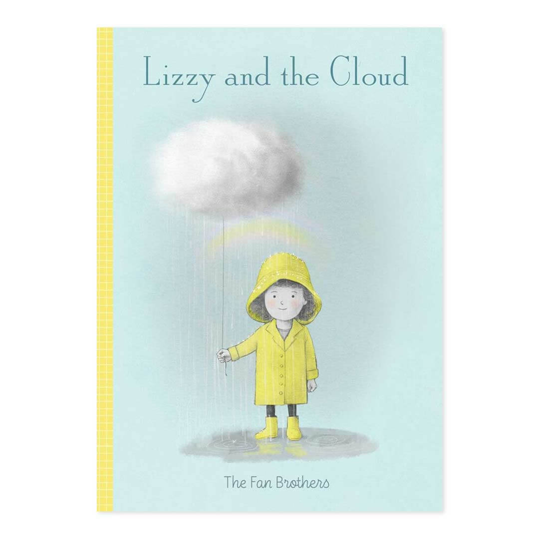 Lizzy and the Cloud book cover with a child in a yellow rainsuit standing under a cloud tied to a string