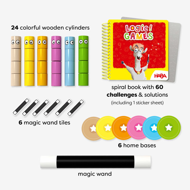 Logic! GAMES - Amanda's Alpacas components including 24 colorful wooden cylinders, a spiral-bound book, 6 magic wand tiles, 6 home bases, and a magic wand.