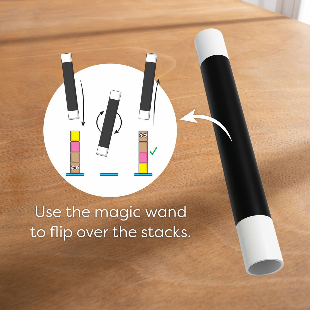 Magic wand on table with diagram showing a wand flipping colored block stacks with the words "Use the magic wand to flip over the stacks."