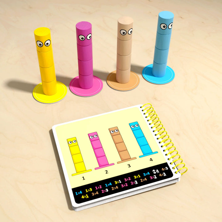 Four colorful cylindrical stacks with eyes next to a notebook displaying a matching illustration and a string of number calculations