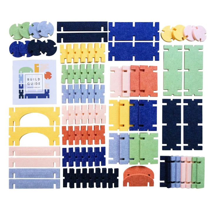 92-piece Architectural Felt Block Set from Lowercase Toys with colorful interlocking recycled felt pieces, including blocks, arches, domes, and joiners.